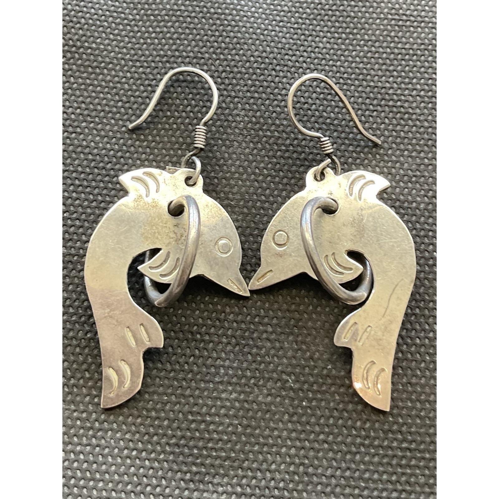 Vintage 925 Sterling Silver Mexico Ta-255 Dolphin Diving Earrings Dangle Drop